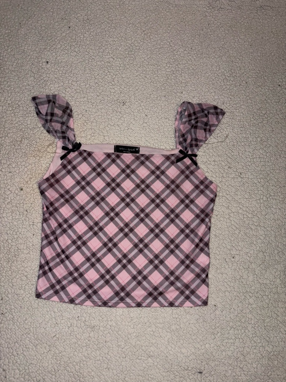Pink Plaid Sleeveless Camisole with Bow-Trim Straps
